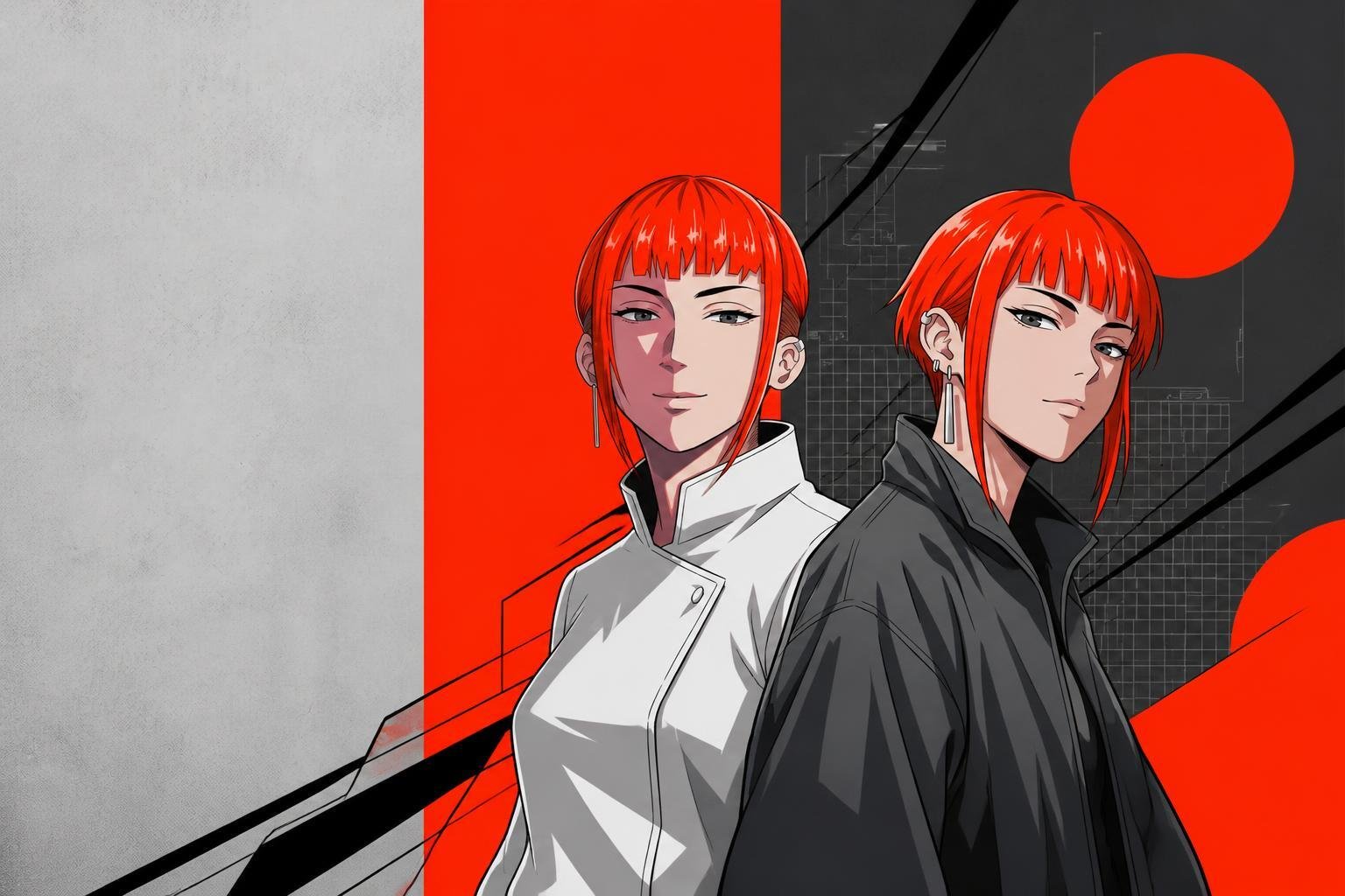 Textfreier Blog-Header im visuellen Stil der Referenz_ moderne Manga-_Anime-Illustration mit zwei stilisierten weiblichen Figuren, kräftigem Rot, tiefem Schwarz und hellem Grau, geometrischen Linien, großen grafischen Kreisformen, urbaner