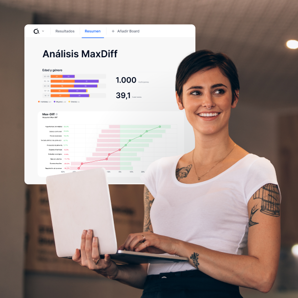SEA pages visuals_Investigación en minutos Crea cuestionarios en línea, consulta a tu público objetivo deseado, obtén resultados en minutos y toma decisiones basadas en datos.  En nuestro dashboard interactivo, filtra, analiza y compart