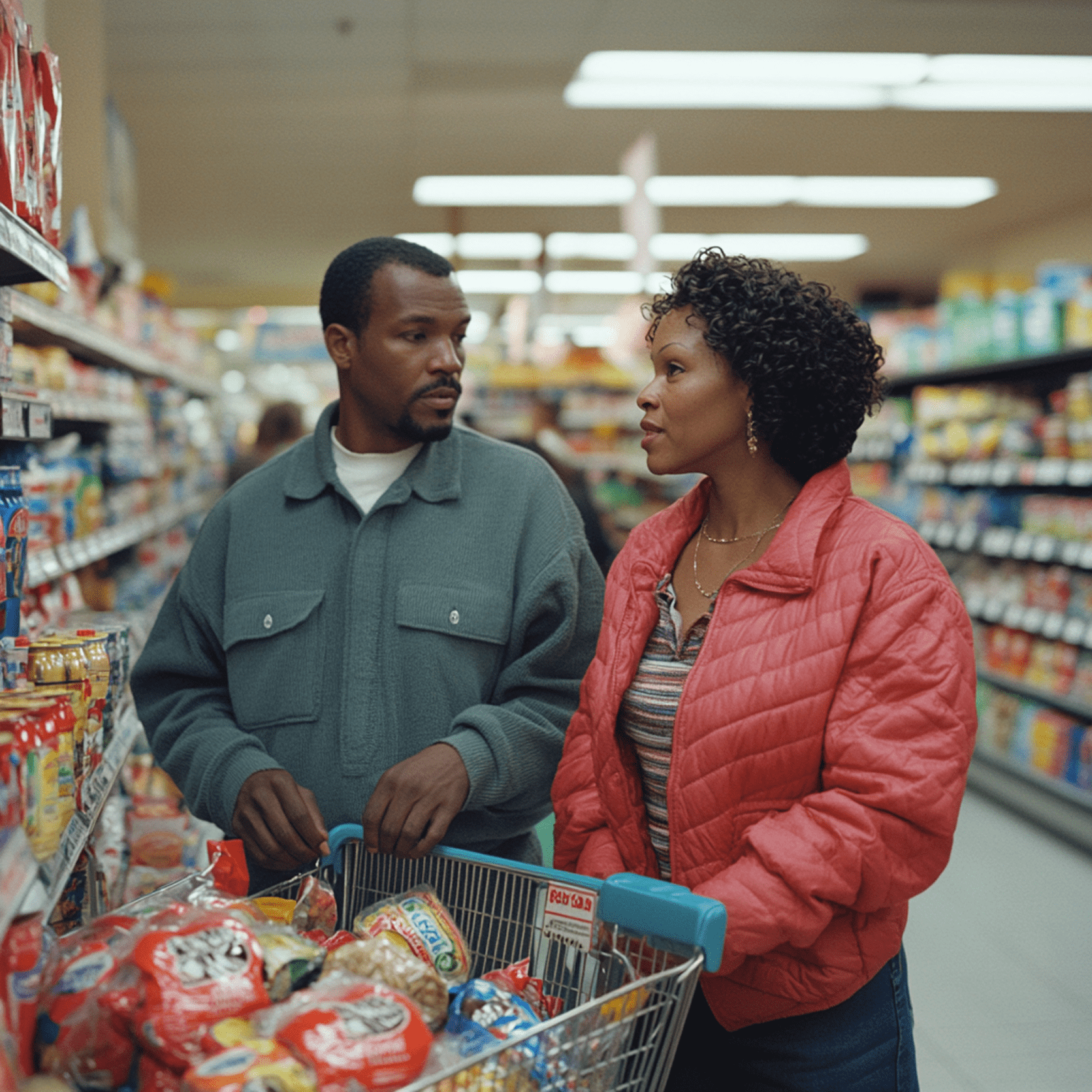 Two customers shopping in a supermarket aisle with a trolley full of food produce